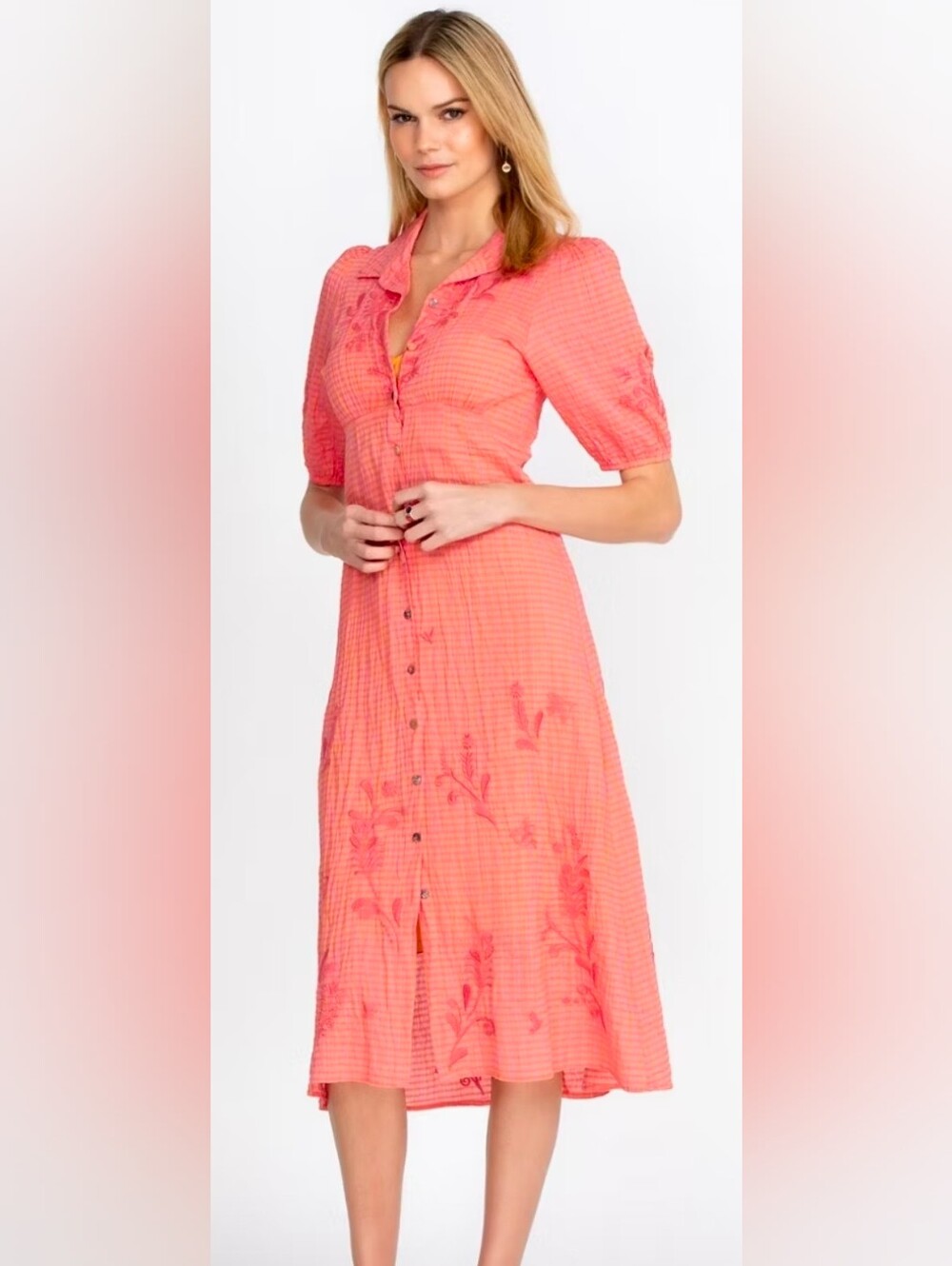 Johnny Was Coral-Pink Button-Front Midi Dress with Floral Accents
